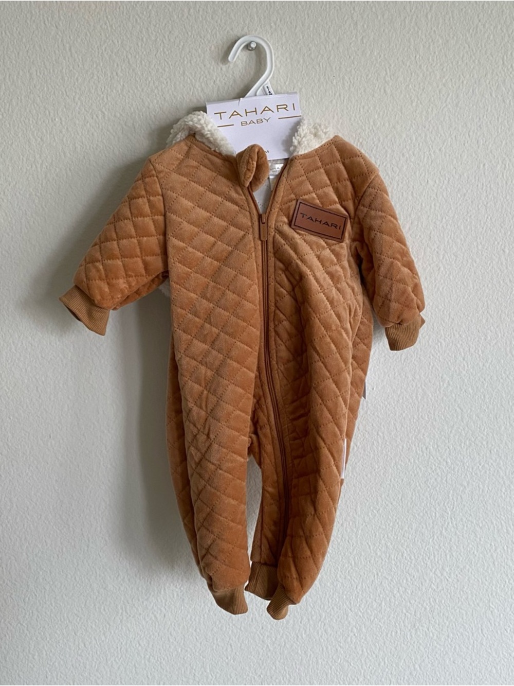 NWT Tahari Baby Quilted Tan One-Piece Romper with Sherpa Hood